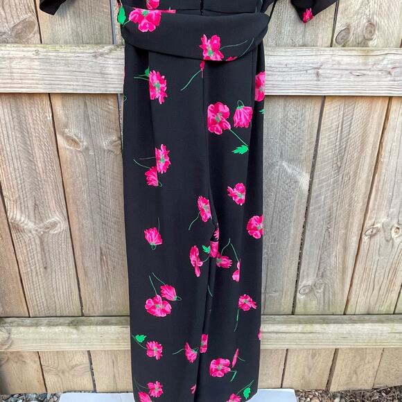 Zara Floral Jumpsuit Tie Waist Short Sleeve Slit Cropped Wide Leg Black Large - Picture 7 of 10